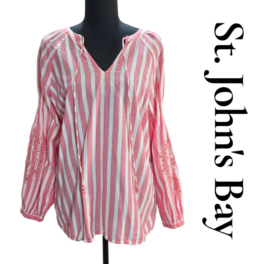 St. John's Bay Blouse Womens Medium Pink Cotton Striped Eyelet Sleeve Boho Top
